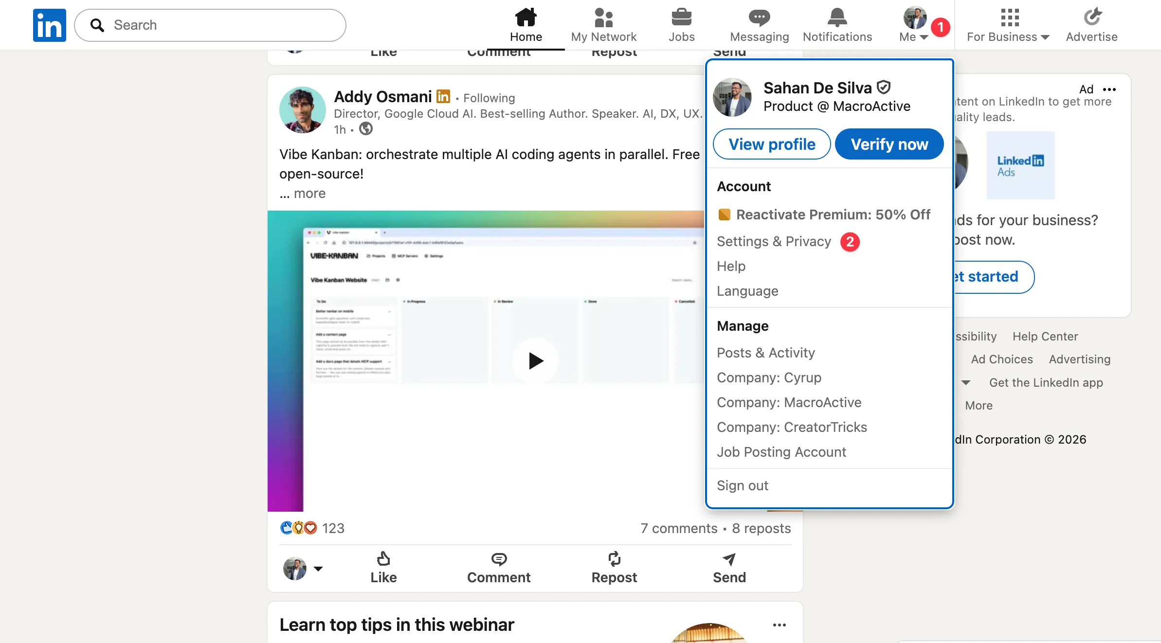 LinkedIn profile menu showing Settings & Privacy option