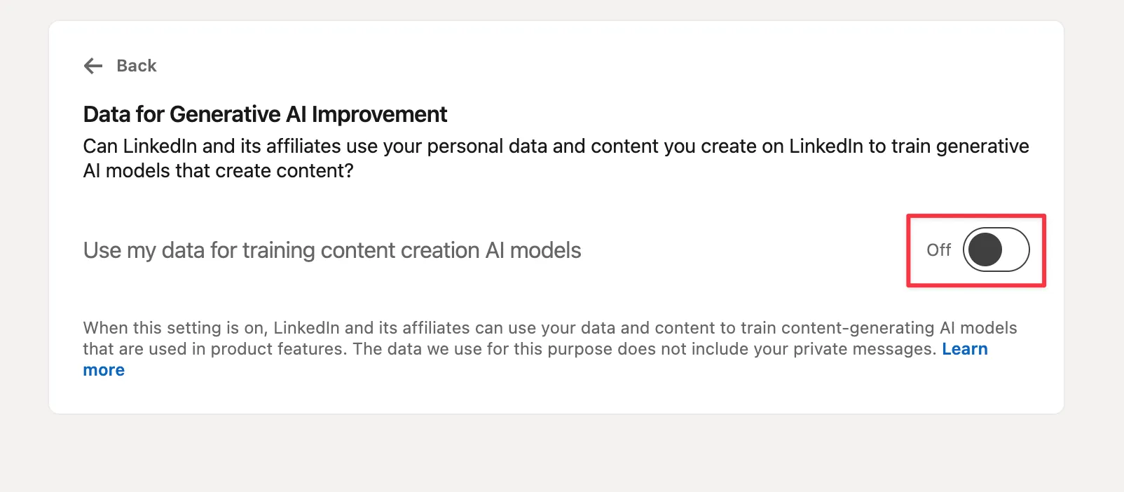 Toggle to disable AI data training highlighted with red box
