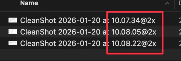 Finder showing CleanShotX files sorted by timestamp
